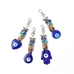 Honeyhandy Handmade Lampwork Evil Eye Pendant Decoration, Gemstone Chips Cluster Lobster Clasp Charms, Clip-on Charms, for Keychain, Purse, Backpack Ornament, Mixed Shapes, 125~144mm