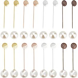 NBEADS 32 Sets 4 Colors Round Tray Lapel Pin, Round Tray Safety Pins with Imitation Pearl Beads Brass Brooch Pins Findings for Men Women Suit Tie Hat Scarf Badge DIY Costume Jewelry Accessories