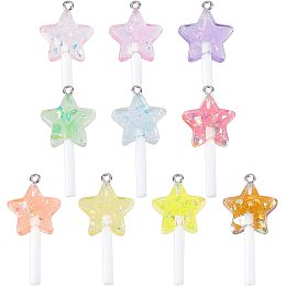 NBEADS 40 Pcs Faux Lollipop Star Charms, 10 Colors Star Lollipop Resin Pendants Imitation Candy Charms with Loop, Paillette and Plastic Handle for DIY Necklace Bracelet Jewelry Making