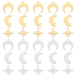 DICOSMETIC 60Pcs 3 Styles Moon and Star Charm Golden Crescent Moon/Eight Pointed Star Celestial Charm Stainless Steel Dangle Charm for for Necklace Bracelet DIY Jewelry Making, Hole: 1.2mm