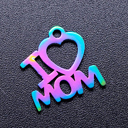 Honeyhandy Mother's Day Ion Plating(IP) 201 Stainless Steel Charms, Phrase I Love Mom, Rainbow Color, 13.5x13x1mm, Hole: 1.5mm