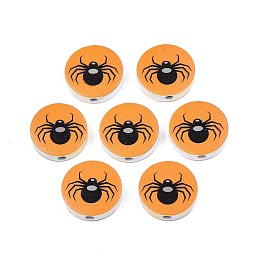 Halloween Printed Natural Wood Beads, Flat Round with Spider Pattern, Dark Orange, 19~20x5.9mm, Hole: 2~2.2mm