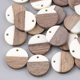 Honeyhandy Resin & Wood Pendants, Flat Round, White, 18x3.5mm, Hole: 1.5mm