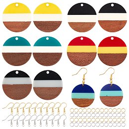 Olycraft DIY Dangle Earring Making Kits, include Resin & Wood Pendants, Brass Earring Hooks & Jump Rings, Flat Round, Mixed Color, Pendants: 28x3.5mm, Hole: 2mm, 6 colors, 2pcs/color, 12pcs/box