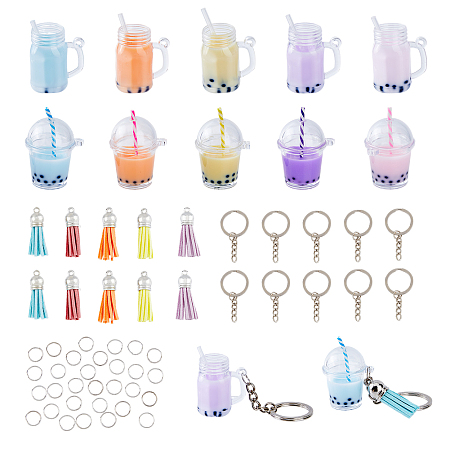 SUPERFINDINGS DIY Imitation Bubble Tea Charm Keychain Making Kit, Including Plastic Cup Pendants, Faux Suede Tassel Pendant Decorations, Iron Split Key Ring, Mixed Color, 60Pcs/bag