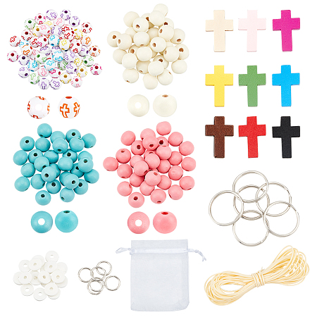 Arricraft DIY Cross Keychain Bracelet Making Kit for Wallet Car Key, Including Iron Split Key Rings, Wood Beads & Pendants, Acrylic & Polymer Clay Beads, Mixed Color