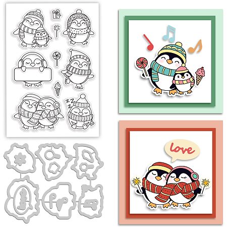 BENECREAT 2Pcs Penguin Pattern PVC Plastic Stamps and Carbon Steel Cutting Stencils, Winter Themed Stamp and Cutting Dies Set for DIY Scrapbooking Photo Album Decorative, Cards Making