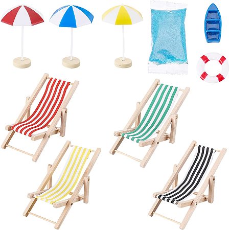AHANDMAKER 10PCS Beach Style Miniature Dollhouse Decoration Kits, Mini Beach Chair and Beach Umbrella Kit, Pretend Beach Kit for DIY Fairy Garden Dollhouse Parasol Home Decor