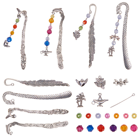 SUNNYCLUE 1 Set Metal Bookmarks Making Kit - DIY 4pcs Hooks Bookmark with A  String of Colorful Beads, Dolphin, Leaf, Dragon, Bird 