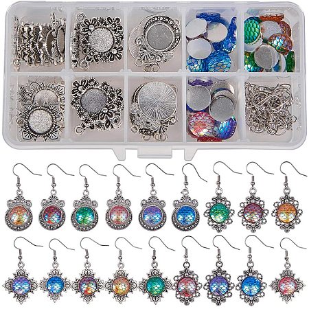 SUNNYCLUE 1 Box DIY 12pairs Mermaid Scales Skin Dangle Earrings Making Starter Kit Include 6 Color 36pcs Round Mermaid Scales Skin Resin Cabochons 12mm, 3 Style 36pcs Pendant Cabochon Bezel Settings