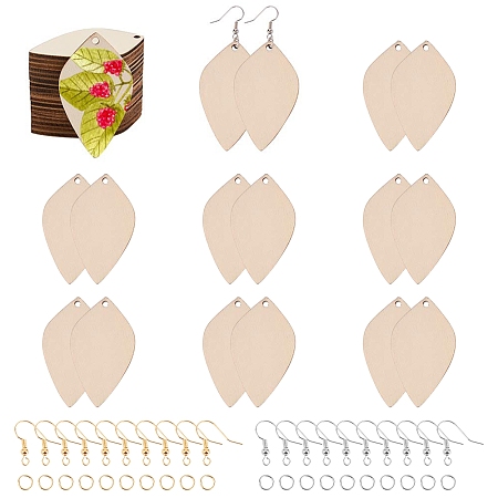 SUNNYCLUE 100Pcs Unfinished Blank Poplar Wood Big Pendants, Undyed, Leaf, for Jewelry Making, Floral White, 58.5x34.9x2.5mm, Hole: 3mm