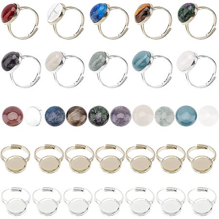 SUNNYCLUE 40pcs 2 Colors Gemstone Cabochon Settings Adjustable Ring Blank with 12mm 10 Color Gemstone Cabochons Ring Making Kit for DIY Jewelry Making Crafts Supplies