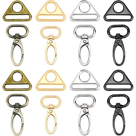 WADORN 16 Pack Purse Hardware Keychain Hooks for Bag Making, 4 Colors Metal Swivel Snap Hook Adjuster Triangle Rings Lobster Clasp Lanyard Clip V- Rings Dee Ring Buckles Push Gate Clips, 1.9×0.8 Inch