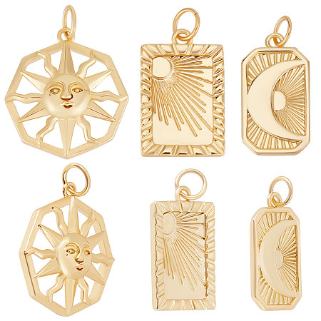 Beebeecraft 9Pcs 3 Style Moon and Sun Charms 18K Gold Plated Octagon Rectangle Pendants Dangle Charms with Jump Rings for DIY Necklaces Bracelets Jewelry Making