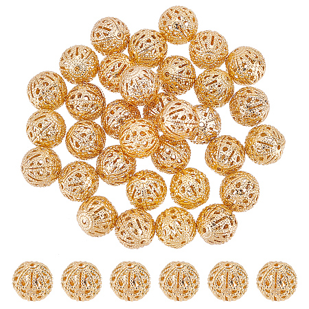 BENECREAT 40 PCS Real 18k Brass Plated Real Gold Brass Round Filigree Beads Hollow Filigree Beads, Gold Plated Openwork Loose Beads for DIY Jewelry Making and Other Crafts, About 10mm in Diameter