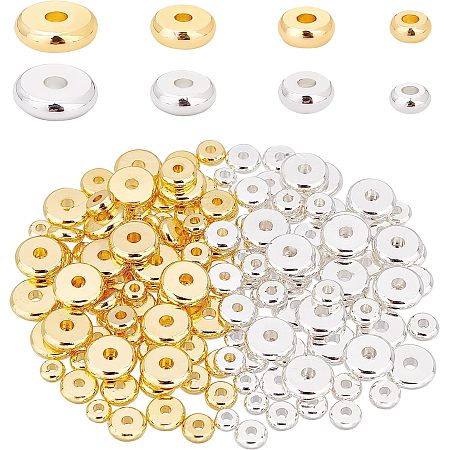 PandaHall Elite 160pcs 14k Gold Heishi Spacer Beads, Brass Flat Round Disc Beads Silver Loose Beads Metal Spacers for Heishi Clay Beads Summer Hawaii Stackable Necklace Bracelet Jewelry Making 4/5/6/8mm