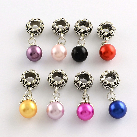 Alloy European Dangle Beads, with Round ABS Plastic Imitation Pearl, Antique Silver, Mixed Color, 31mm, Hole: 6mm
