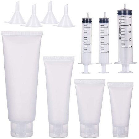 BENECREAT 24 Pack 20/30/50/100ml Plastic Squeeze Cosmetic Tubes with Flip Cap, 4 Funnels, 3 Syringes for Shampoo Lotion Facial Cleanser