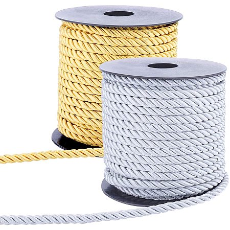 PandaHall Elite 5mm Twisted Cord Trim 40 Yards Gold Gray Decorative Trim Thread for DIY, Crafts, School Projects, Home Decors, Curtain Tieback, Honor Cord, Upholstery