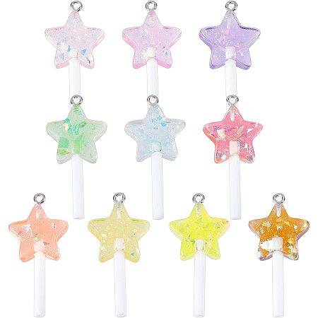 NBEADS 40 Pcs Faux Lollipop Star Charms, 10 Colors Star Lollipop Resin Pendants Imitation Candy Charms with Loop, Paillette and Plastic Handle for DIY Necklace Bracelet Jewelry Making