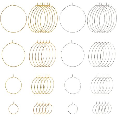 SUNNYCLUE 48Pcs 8 Style Stainless Steel Hoop Earring Findings 4 Size Wine Glass Charm Rings Open Earring Beading Hoop for DIY Crafts Earring Party Favor Pendant Making, Sliver & Golden