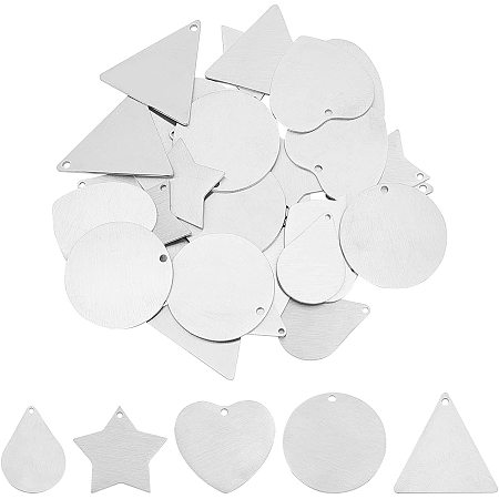 UNICRAFTALE 30pcs 5 Styles Star/Heart/Flat Round/Triangle/Teardrop Stamping Blank Tag Stainless Steel Pendants Pet Tag Charms for Necklace Jewelry Making, Stainless Steel Color