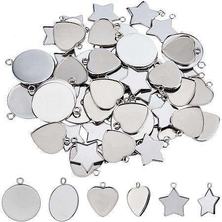 UNICRAFTALE About 60pcs 3 Styles Heart/Star/Flat Round Pendant Cabochon Settings About 19-25mm Long Stainless Steel Color Plain Edge Bezel Cups Bezel Pendant Blanks Settings for Jewelry Making