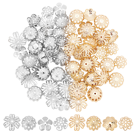 Unicraftale 80Pcs 8 Style 304 Stainless Steel & 316 Stainless Steel Bead Caps, Flower, Mixed Color, 10pcs/style