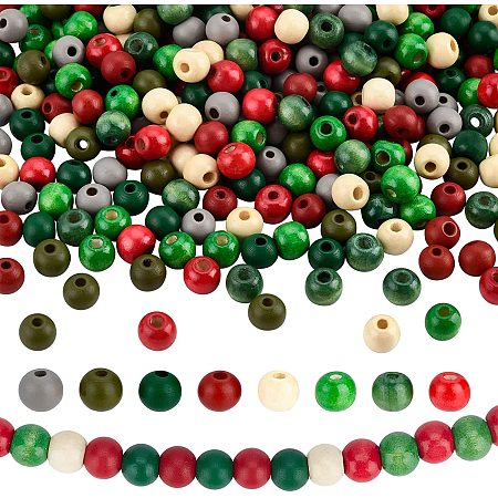 PandaHall Elite 400pcs Christmas Wooden Beads, 8 Color 10mm Coloured Round Painted Natural Wood Loose Spacer Beads Dyed Red Green Wood Beads for Crafts Xmas DIY Home Decor Jewelry Making