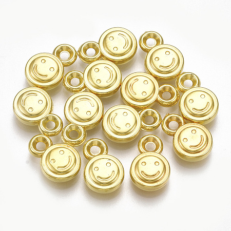 Honeyhandy CCB Plastic Charms, Flat Round with Smiling Face, Golden, 13x8.5x3.5mm, Hole: 1.8mm