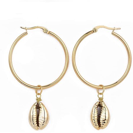 UNICRAFTALE 1 Pair Stainless Steel Hoop Earrings with Cowrie Shell Beads 1mm Pin Golden Rounded Earrring Stainless Steel Large Plain Circle Hoop Earrings,58~60mm