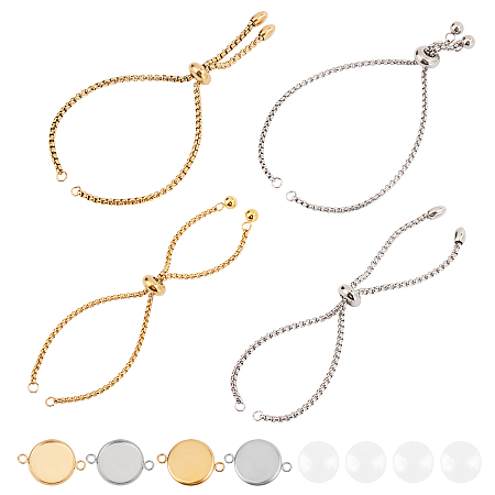 Stainless Steel Bracelets Making Kits, include Adjustable Slider Bracelets Making & Cabochon Connector Settings, Clear Glass Cabochons, Golden & Stainless Steel Color, Bracelets: total length: 9-1/2 inches(24cm), 8-5/8 inches(22cm); 4pcs/box