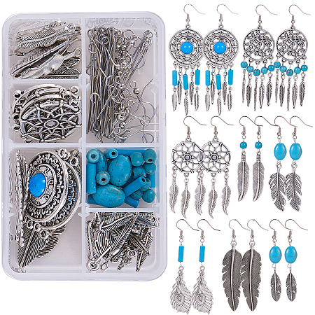 SUNNYCLUE DIY Earring Making, with Tibetan Style Alloy Feather Pendants, Synthetic Turquoise Beads, Brass Earring Hook, Iron Eye Pin, Jump Rings, Mixed Color, 11x7x3cm