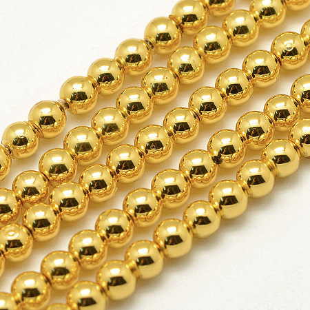 Arricraft Electroplate Non-magnetic Synthetic Hematite Beads Strands, Round, Light Gold Plated, 4mm, Hole: 0.5mm, about 104pcs/strand, 15.7 inches