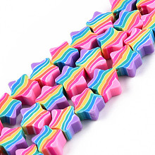 Handmade Polymer Clay Beads Strands, Star with Stripe Pattern, Colorful, 9.5~10x9.5~10x4.5~5mm, Hole: 1.4~1.5mm, about 40pcs/strand, 14.37 inch(36.5cm)