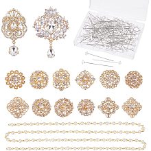 CHGCRAFT 14Pcs 14 Style Wedding Bouquet Broaches Kit Crystal Rhinestone Flower and Teardrop Badges Shiny Rhinestone Crystal Brooch Pin Set for DIY Wedding Bouquets Kit, Gold