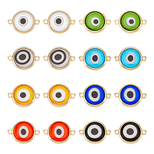 DICOSMETIC 16Pcs Evil Eye Connector Charms Lampwork Brass Connector Bead Charms Flat Round Links Charms Double Side Evil Eye Pendant for Bracelet Necklace Jewelry Making Crafts, Hole: 1.4mm