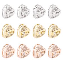 SUPERFINDINGS 12Pcs 3 Colors Brass Rhinestone Heart Charm 10.5x10mm Micro Pave Clear Cubic Zirconia Slide Charms Love Heart CZ Stones Spacer Charm for Bracelets Jewelry Making