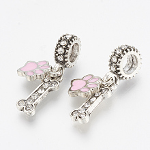 Honeyhandy Alloy Rhinestone European Dangle Charms, with Enamel, Large Hole Pendants, Dog Paw Prints & Bone, Antique Silver & Platinum, Pink, 25mm, Hole: 4.5mm