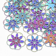 NBEADS 201 Stainless Steel Filigree Pendants, Etched Metal Embellishments, Flower, Multi-color, 33x33x0.3mm, Hole: 1.2mm