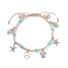 Honeyhandy Synthetic Turquoise Braided Bead Anklet, Tortoise & Starfish & Shell Alloy Charm Adjustable Anklet for Women, Antique Silver, Inner Diameter: 2-3/4~3-3/8 inch(6.9~8.6cm)