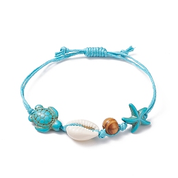 Honeyhandy Adjustable Waxed Cotton Cord Braided Bracelets, with Cowrie Shell Beads, Wood Beads, Synthetic Turquoise(Dyed) Beads, Starfish/Sea Stars and Tortoise, Turquoise(Dyed), 3/4 inch(1.8cm)~2-3/4 inch(7cm)