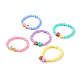 Honeyhandy Handmade Polymer Clay Fruit Stretch Bracelet with Round Beads for Kids, Mixed Color, Inner Diameter: 1-7/8 inch(4.8cm)