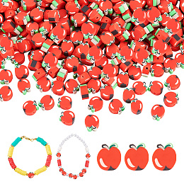 PandaHall Elite 400Pcs Handmade Polymer Clay Beads, Apple, Red, 7~9x8~11x4~5mm, Hole: 1.2~1.5mm