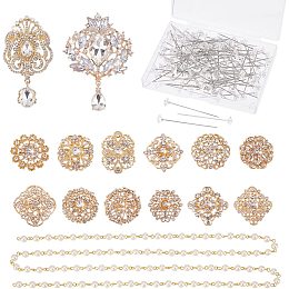 CHGCRAFT 14Pcs 14 Style Wedding Bouquet Broaches Kit Crystal Rhinestone Flower and Teardrop Badges Shiny Rhinestone Crystal Brooch Pin Set for DIY Wedding Bouquets Kit, Gold