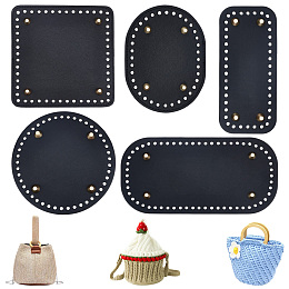 PandaHall Elite 5Pcs 5 Style PU Leather Knitting Crochet Bags Nail Bottom Shaper Pad, with Alloy Nail, for Bag Bottom Accessories, Mixed Shapes, Black, 11.5~25x8~15x0.35~1.05cm, Hole: 4.5~5mm, 1pc/style