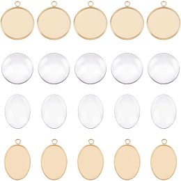 UNICRAFTALE 20 Sets Flat Round & Oval Pendant Blanks with Glass Cabochons 16-18mm Bezels Blank Charm Stainless Steel Charms Pendant Cabochon Settings for DIY Jewelry Making, Golden