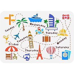 FINGERINSPIRE Travel Pattern Painting Stencil 11.7x8.3 inch Journey Theme Drawing Template Holiday Trip Plastic Stencil Reusable Craft Stencil for Painting on Wall Wood Furniture DIY Home Decor