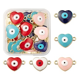 Arricraft 25Pcs 5 Colors Light Gold Alloy Links Connectors, with Enamel, Heart with Evil Eye, Mixed Color, 13.5x20.5x4.5mm, Hole: 1.8mm, 5pcs/color