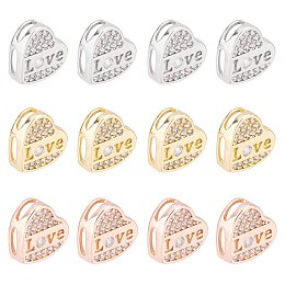 SUPERFINDINGS 12Pcs 3 Colors Brass Rhinestone Heart Charm 10.5x10mm Micro Pave Clear Cubic Zirconia Slide Charms Love Heart CZ Stones Spacer Charm for Bracelets Jewelry Making